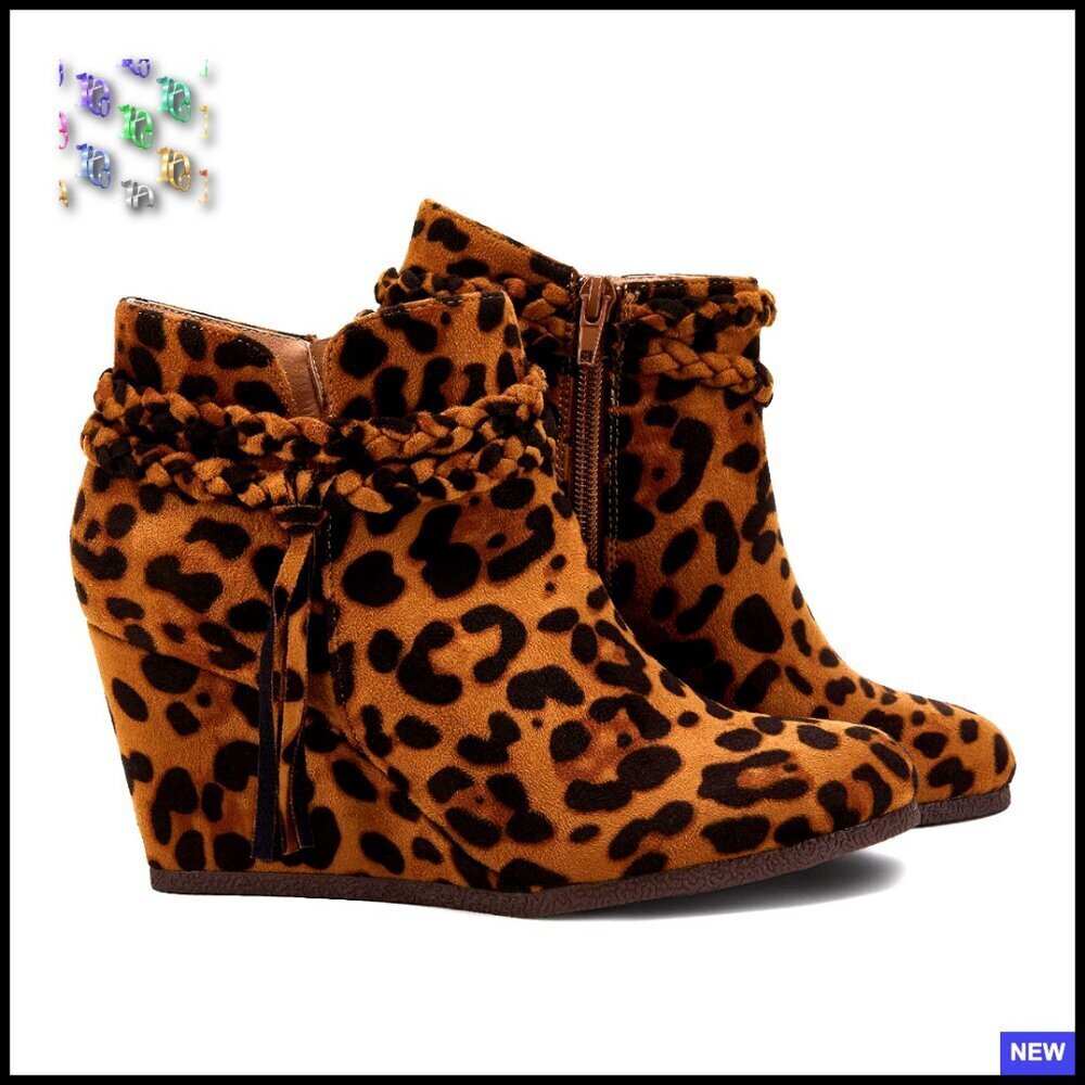 Faux Leather Wedge Ankle Boots Braided Fringe Strap Western Heeled Booties